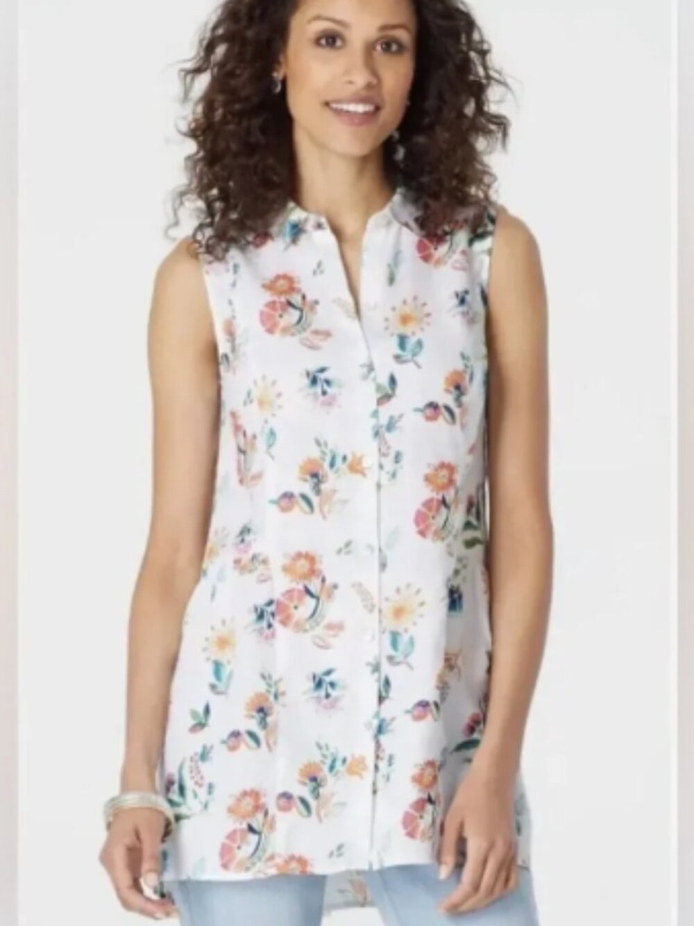 J. JILL Love Linen Sleeveless Button Up Blouse White Floral - Size S